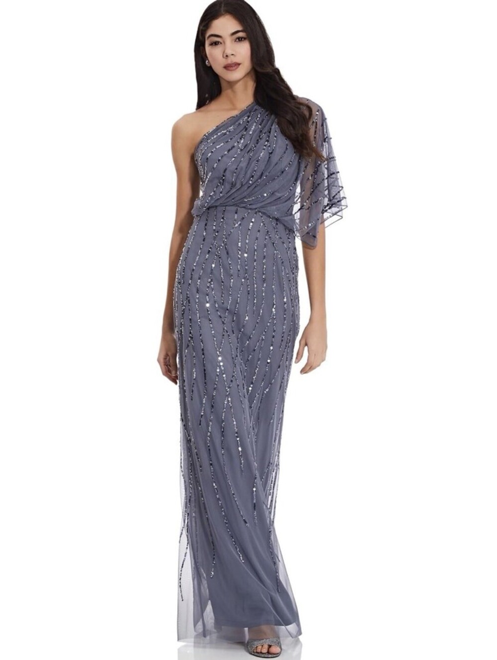 Adrianna Papell Long One Shoulder Sequin Gown Size 14 Dusty Blue NWT $229